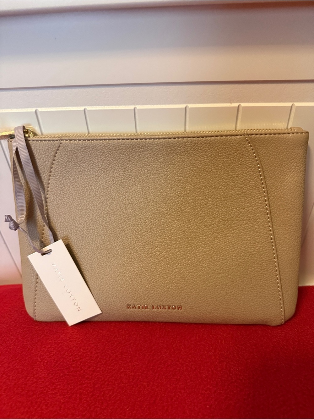 Katie Loxton Taupe Beige Vegan Leather Zip Clutch Pouch